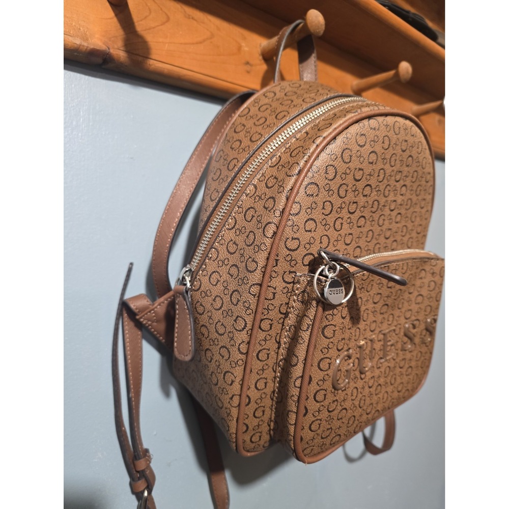 Guess Brown Logo Pattern Mini Backpack - Picture 5 of 11